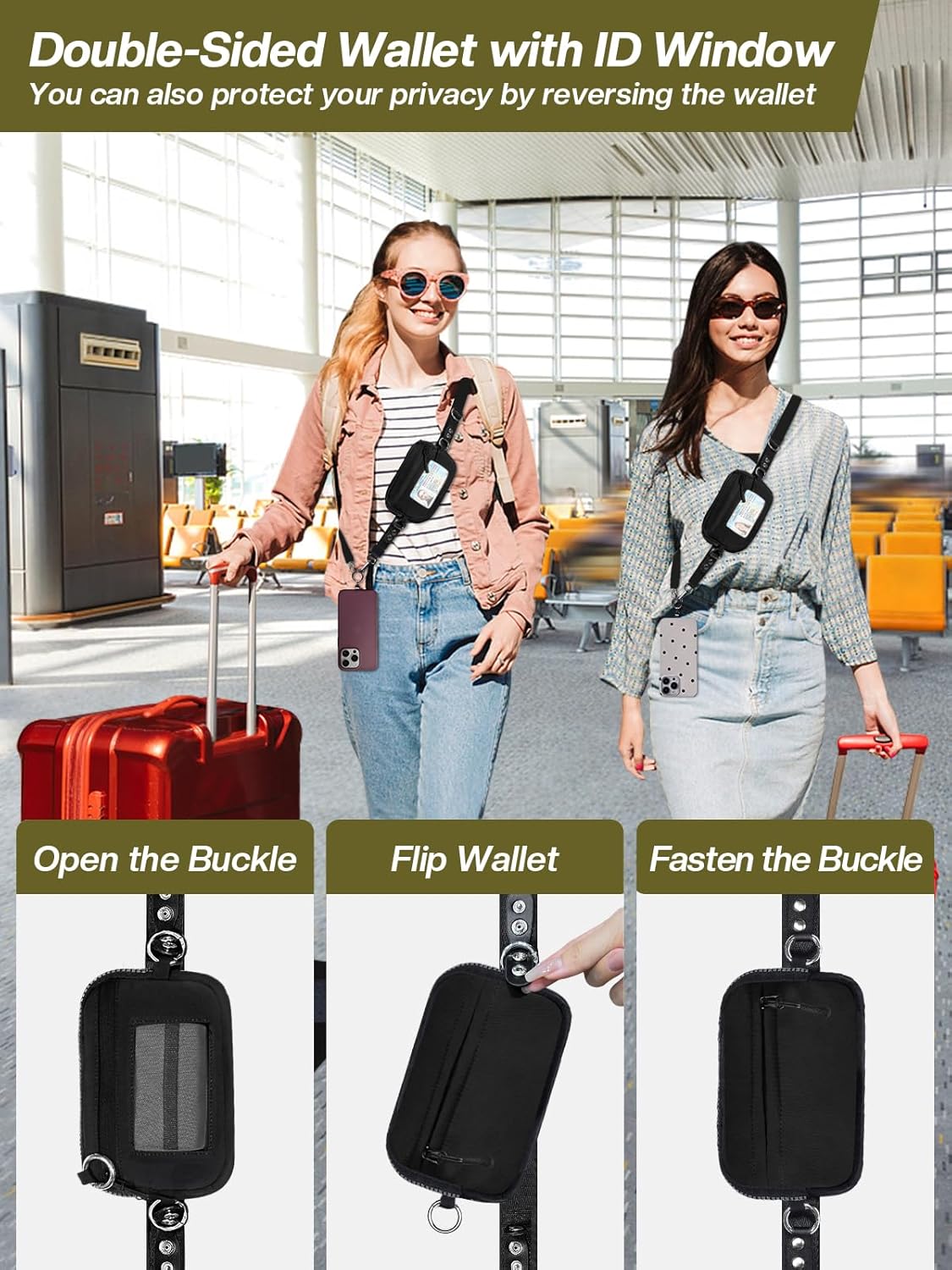 Clip and Go Strap for Phone with Wallet Crossbody Phone Lanyard Adjustable and Detachable RFID Wristlet Wallet with ID Window and Zipper, Black