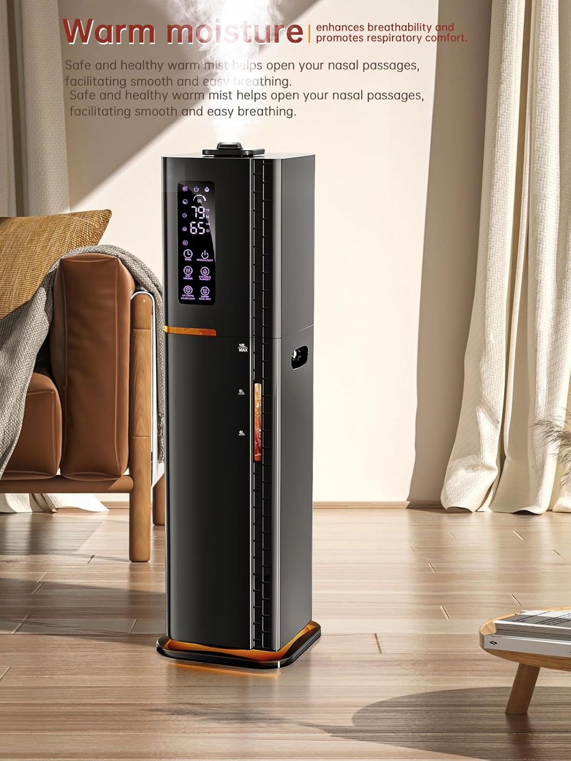 2.64Gal Humidifiers for Bedroom Large Room, Warm and Cool Mist up to 500ft², Top Fill Diffuser Ambient Light, 3 Mist Modes, 24H Timer, 35dB Quiet Humidifier for Home Office Plants