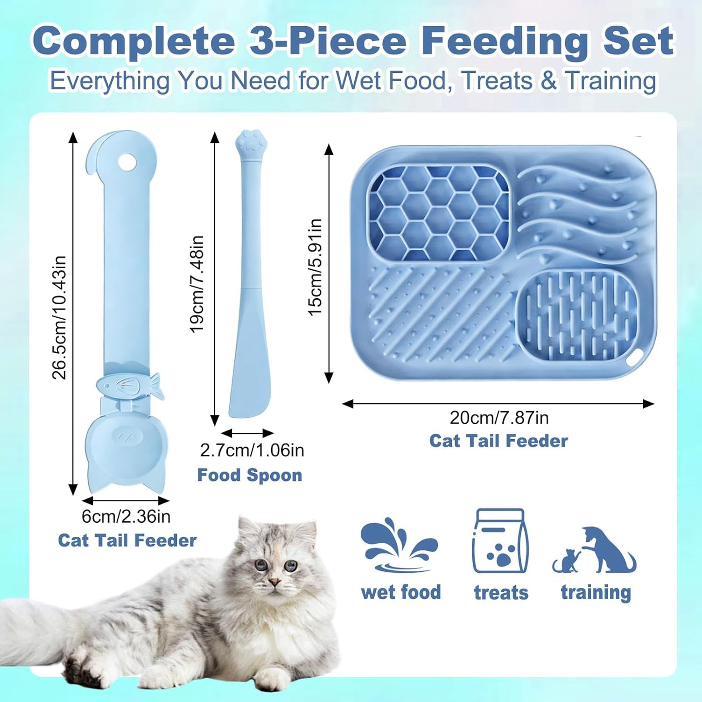 AZY 3-Piece Slow Feeder cat Bowl and Lick Mat Set – Silicone Cat Treat Spoon, Feeding Mat for Wet Food, Enrichment and Slow Eating (Blue)