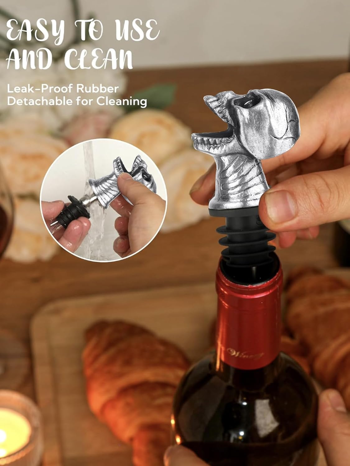 Skull Wine Pourer Spout for Bottles, Skeleton Head Liquor Pourer Stopper for Halloween Party, Gothic Bar Accessories for Wine Whiskey Spirits, No Drip Wine Dispenser Fits Most Standard Bottle Necks