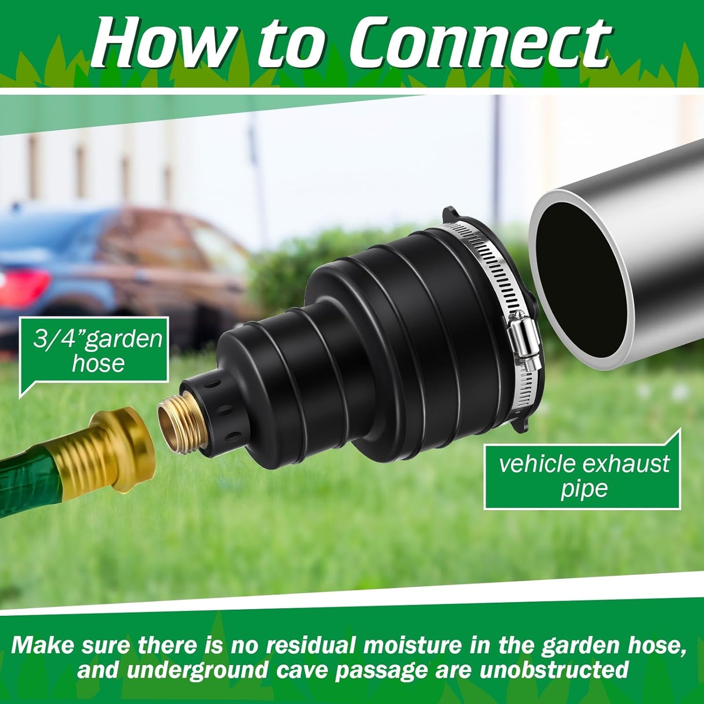Qualirey 1 Pack Pest Control Exhaust Pipe Attachment Transport Exhaust from Car to Underground for Killing Outdoor Rodents Such as Moles, Gophers (FIT for Pipe in 2"-2.4"/3"-3.5" Diameter) (Black)