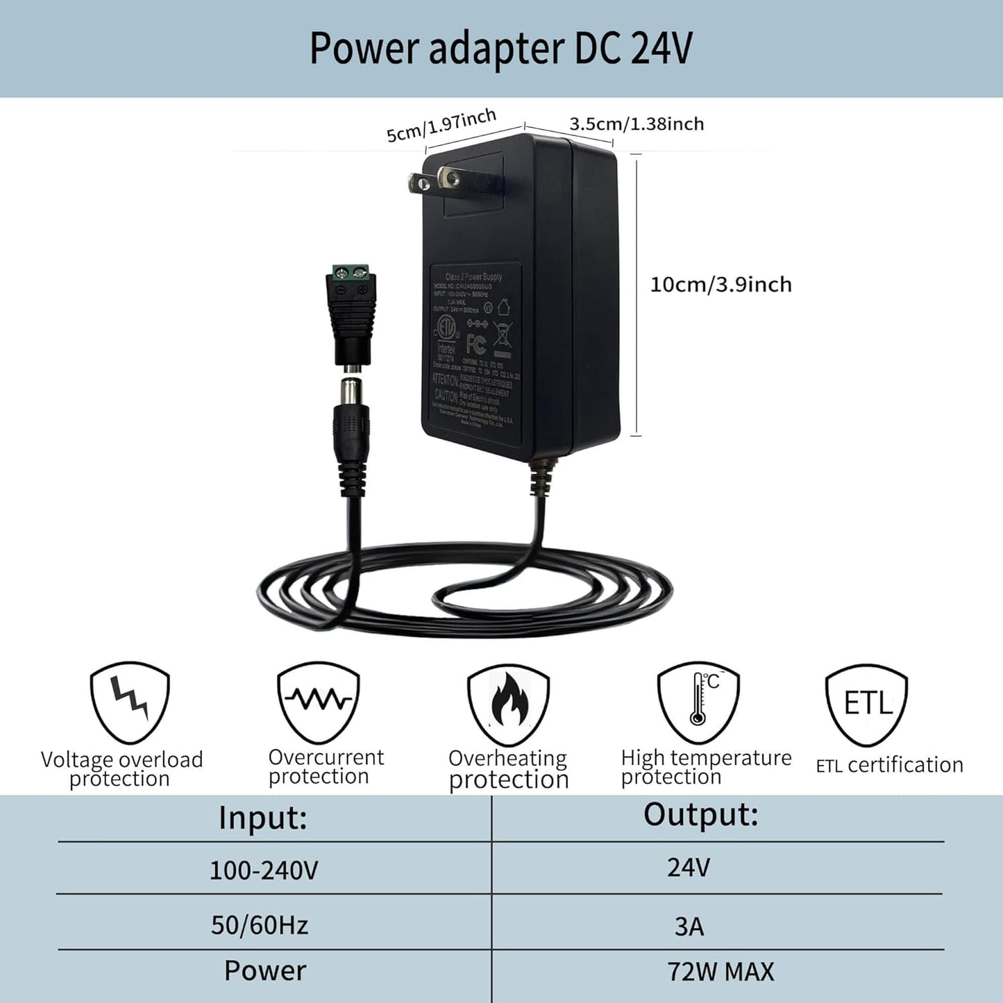 GIDEALED 24V 3A DC Power Supply,72W 24 Volt Power Supply for COB LED Strip Light,24v DC LED Light Adapter with 5.5x2.1mm DC Plug, AC 100~240V to 24vdc Low Voltage led Strip Lights Power Supply