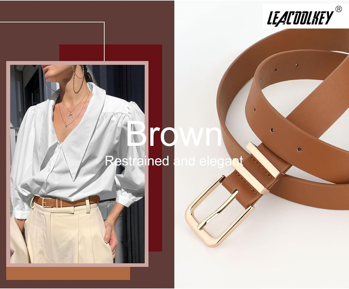 LEACOOLKEY 3 Pack Women's Leather Belts for Jeans Dress Pants Fashion Ladies Leather Belts with Gold Buckle