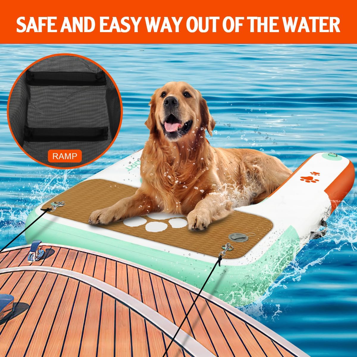 FBSPORT Inflatable Dog Boat Ramp Floating Dock Water Ladder for Pool, Boat, Non-Slip EVA Floating Ladder Pool Ramp for Dog Up to 220 LBs, Safe & Easy Access