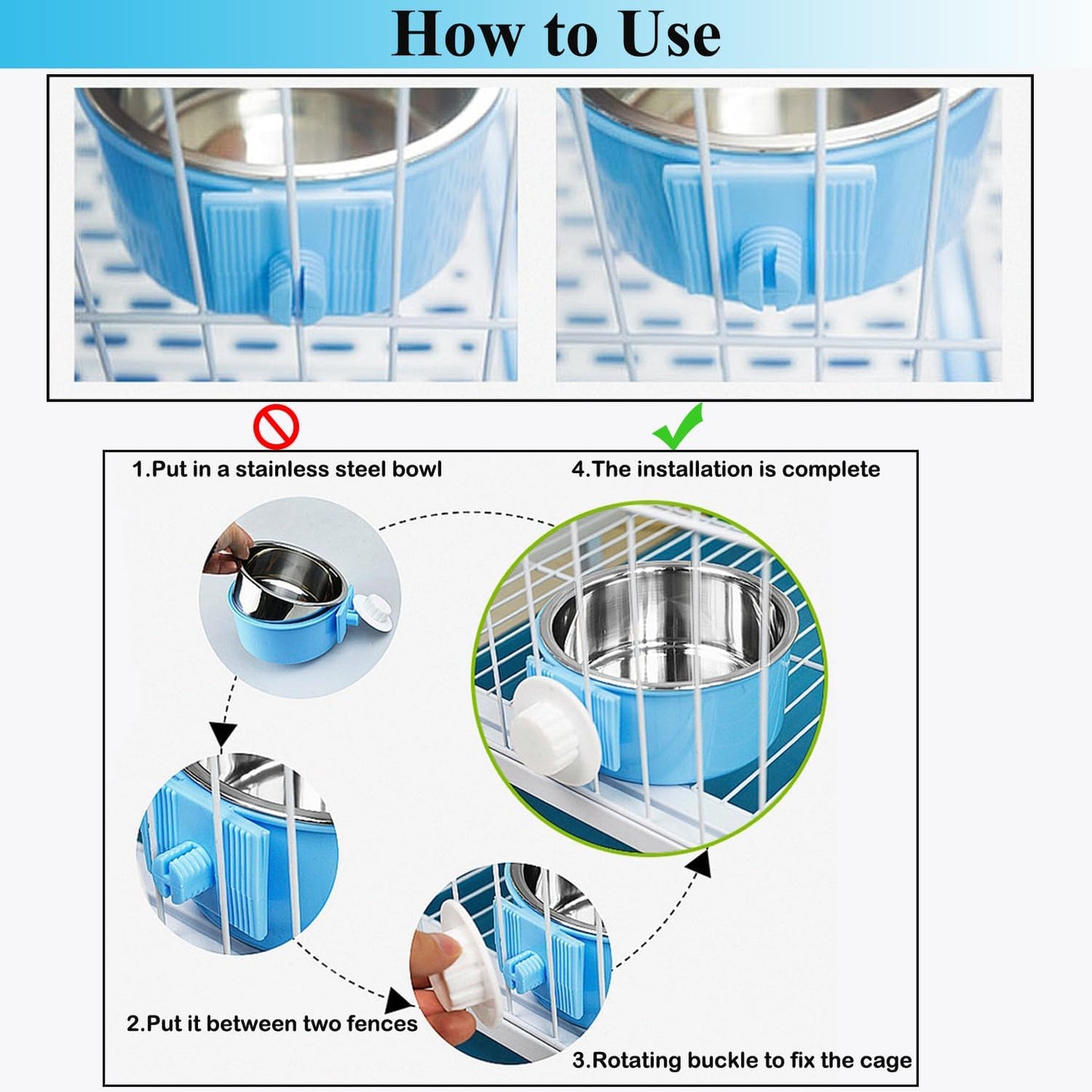 2 Pieces Crate Dog Bowl, Removable Stainless Steel Pet Kennel Hanging Food Water Feeder Bowl Cage Coop Cup for Puppy Medium Dog Cat Rabbit Ferret Bird (Blue,Green)