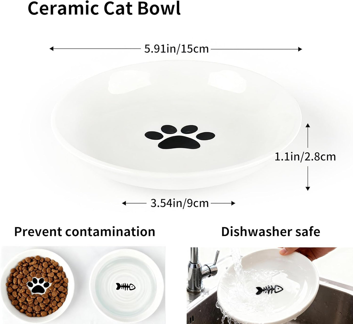 Elevated Ceramic Cat Food Bowl Set with Silicone Mat, Includes 2 Ceramic Bowls and 2 Bowl Stands Protects Neck and Whiskers, Leak-Proof Design, Dishwasher Safe Suitable for Cats and Puppies