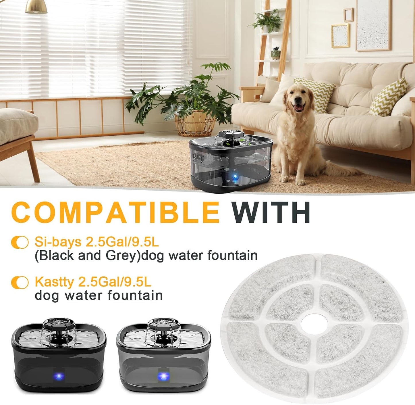 7" Activated Carbon Dog Water Fountain Filters Compaitble with Sibays 2.5Gal/9.5L and for Kastty 9L Dog Cat Water Fountain Filter Pet Fountain Filter Replacement with 6 Pump Filters