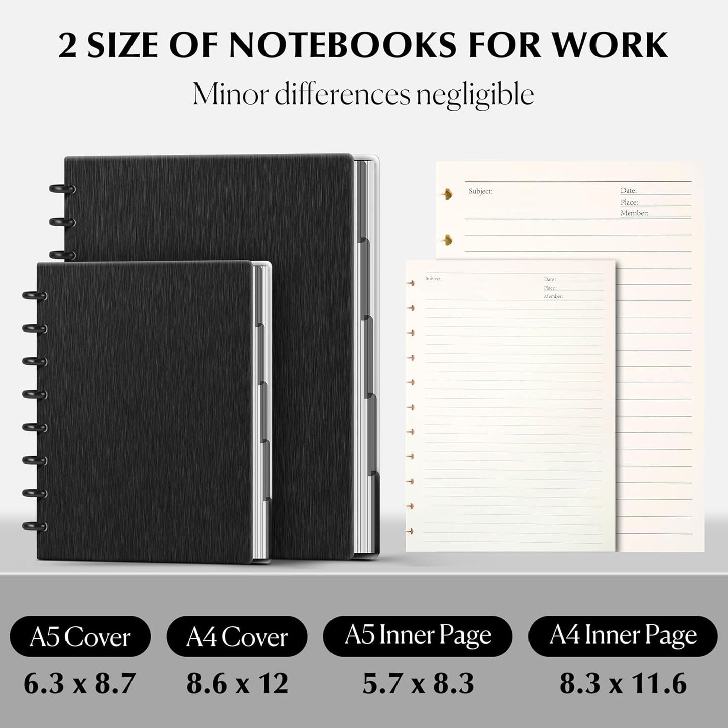 Yoment Discbound Notebook Customizable Spiral Journal Refillable 5 Subject Notebook with Removable Pages 120 Wide Ruled Disc Planner with 6 Binder Dividers & 16 Tabs for Work Meeting School, Black