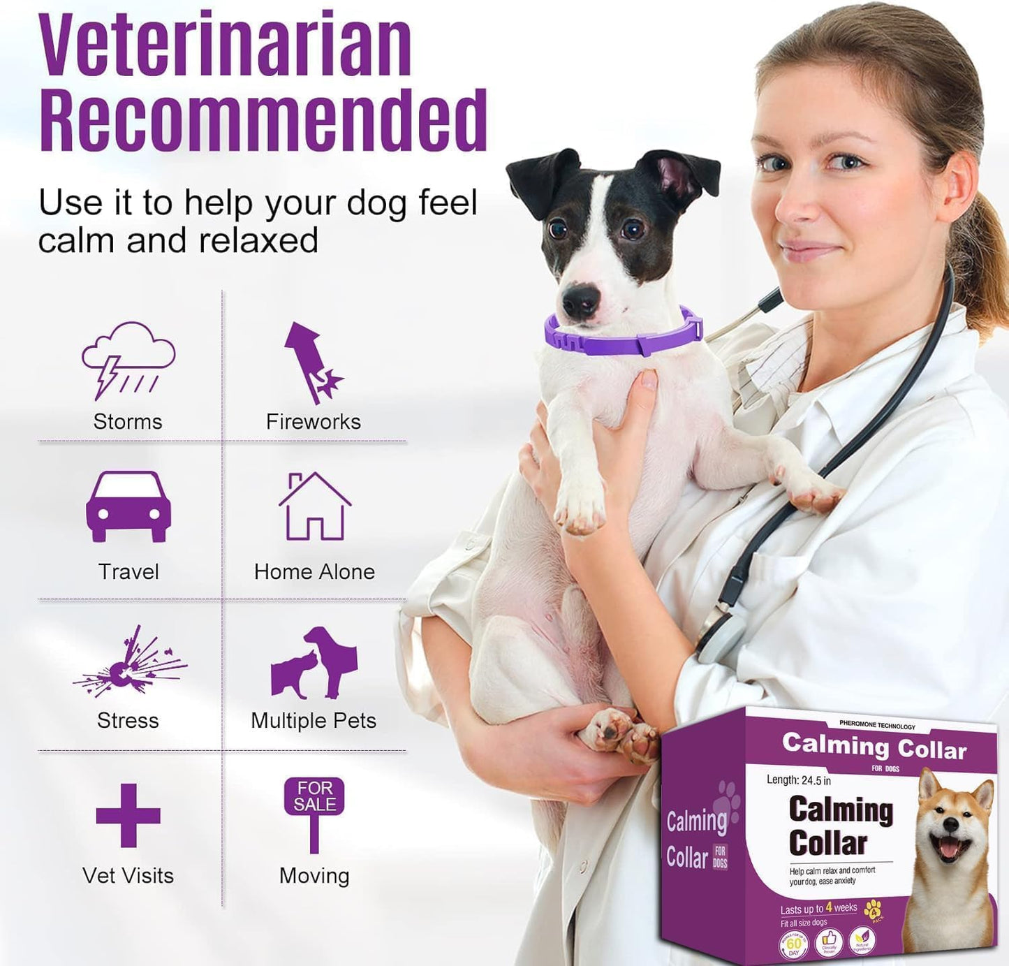Calming Collar for Dogs 4 Packs, Dog Pheromone Calm Collars Relief Anxiety Stress Separation Lasts 60 Days, Calm Pheromone Collars 25 Inches Size Flexible Adjustable for All Dog (Pruple)