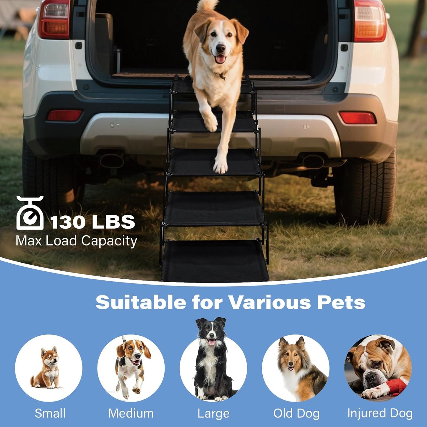 Foldable Dog Stairs for Car SUV Truck, Portable Dog Steps for Large Injured, Pet Ramp with Non-Slip Surface,Suitable for Sofas, Bed, Supports Up to 130 lbs, 5 Steps