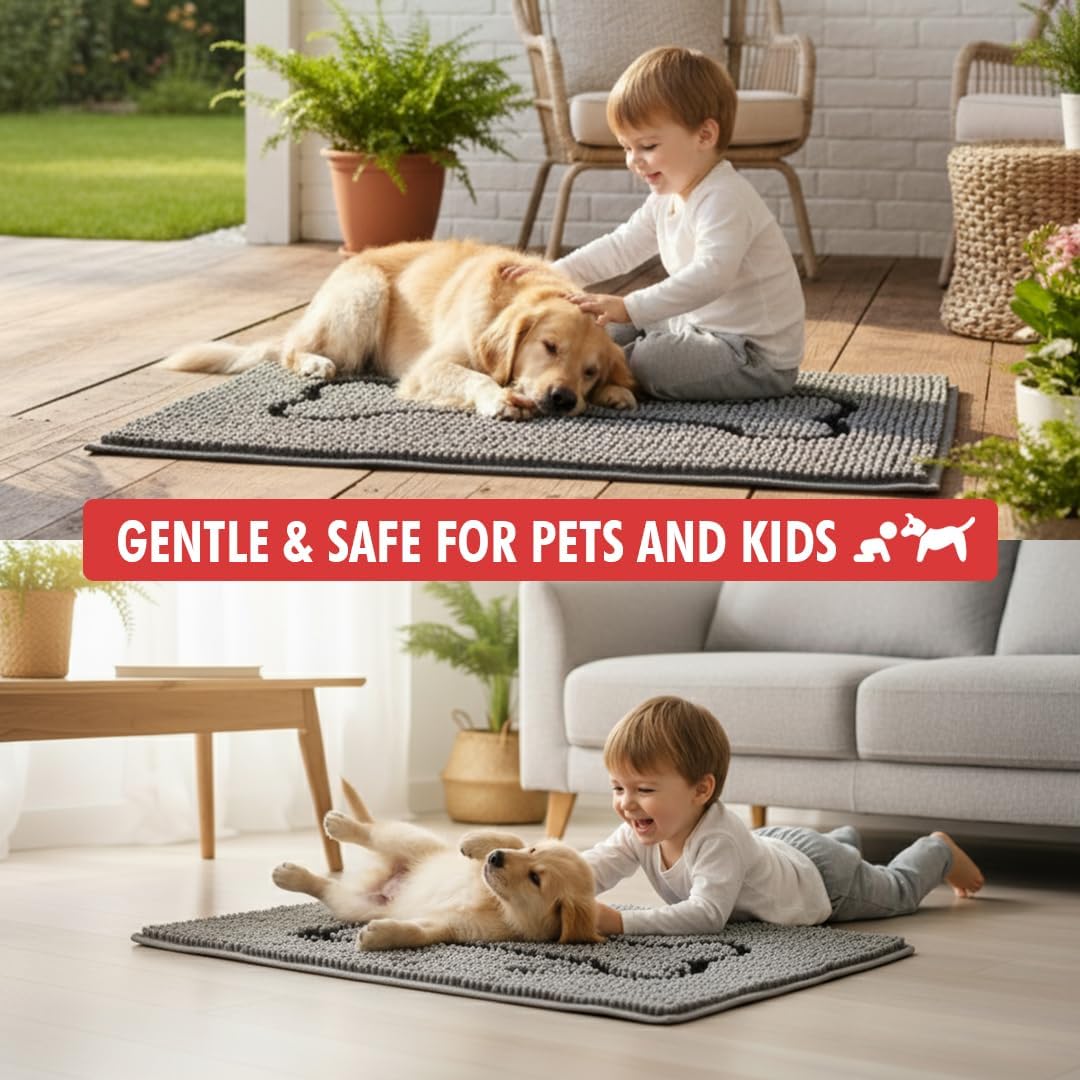 MUDGUARD MAT™ Dog Door Mat with Bone Design, Super Absorbent Microfiber Chenille, Non-Slip Quick-Dry Indoor Rug for Muddy Paws, Pets & Entryway, Machine Washable, Grey 19"x30"