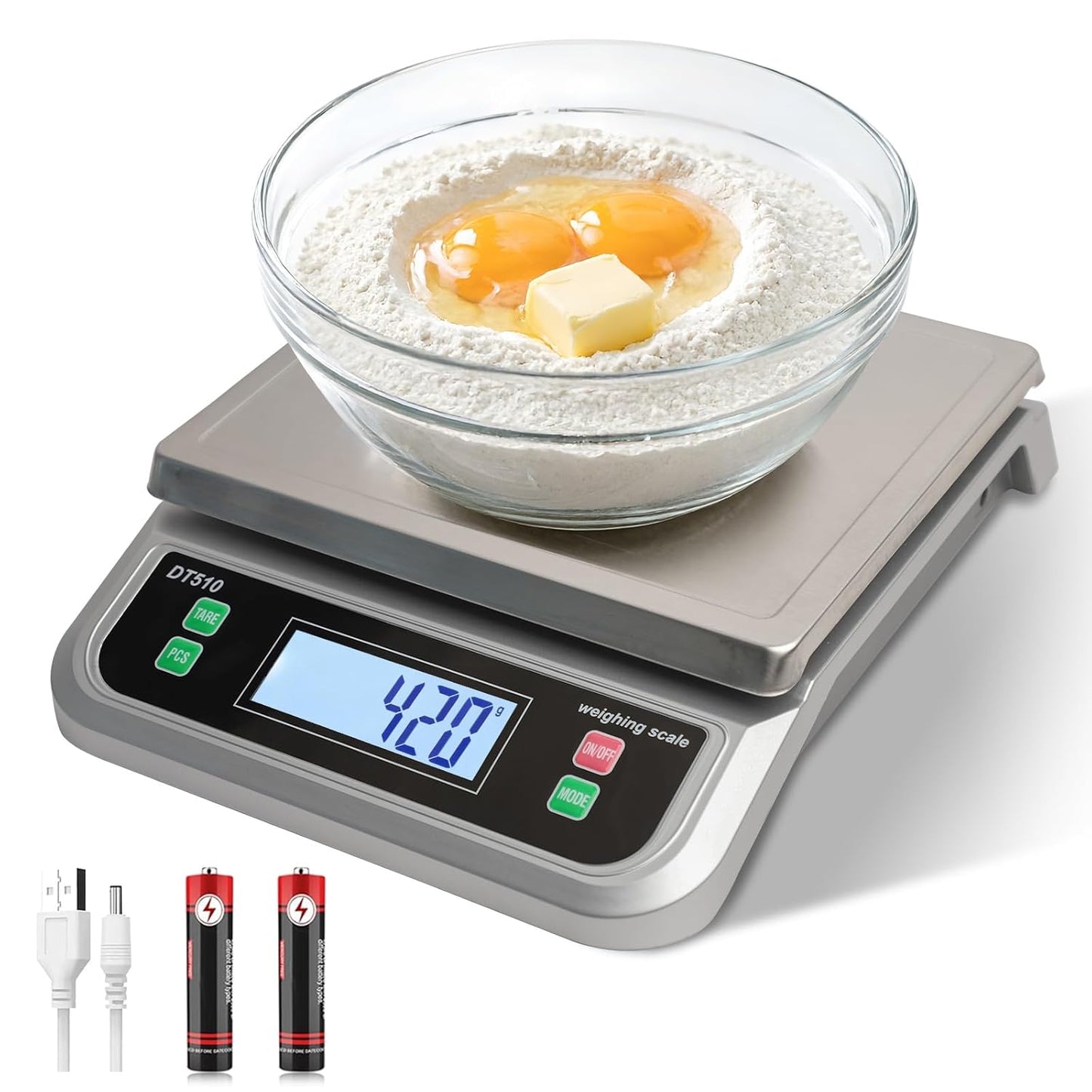 88lb/40kg Food Scale with 6 Unit Stainless Steel Commercial Kitchen Scale, with Full View LCD Display Large Kitchen Scale with Tare and Pcs Funtion for Baking, Cooking, Flour, Fruits Silver