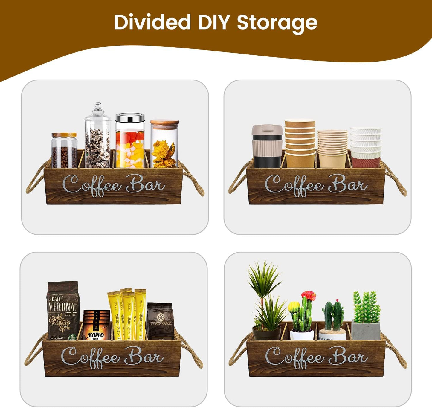 Coffee Station Organizer with Small Removable Dividers, Wooden Coffee Bar Accessories Storage For Countertop, Farmhouse Kcup Coffee Pod Holder Basket With Handle For Coffee Lover