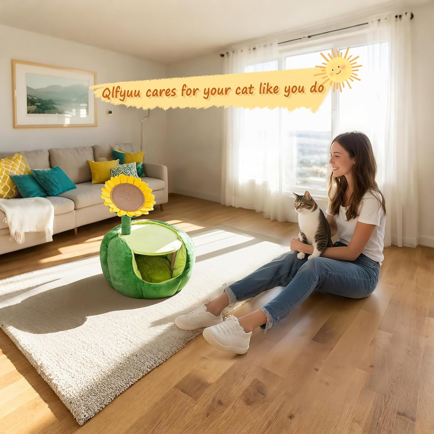 Cat Houses for Indoor Cats, Small Cat Tree with Sisal Mat and Plush Perch, Cute Cat Bed Cave with Soft Pillow, Sunflower Design