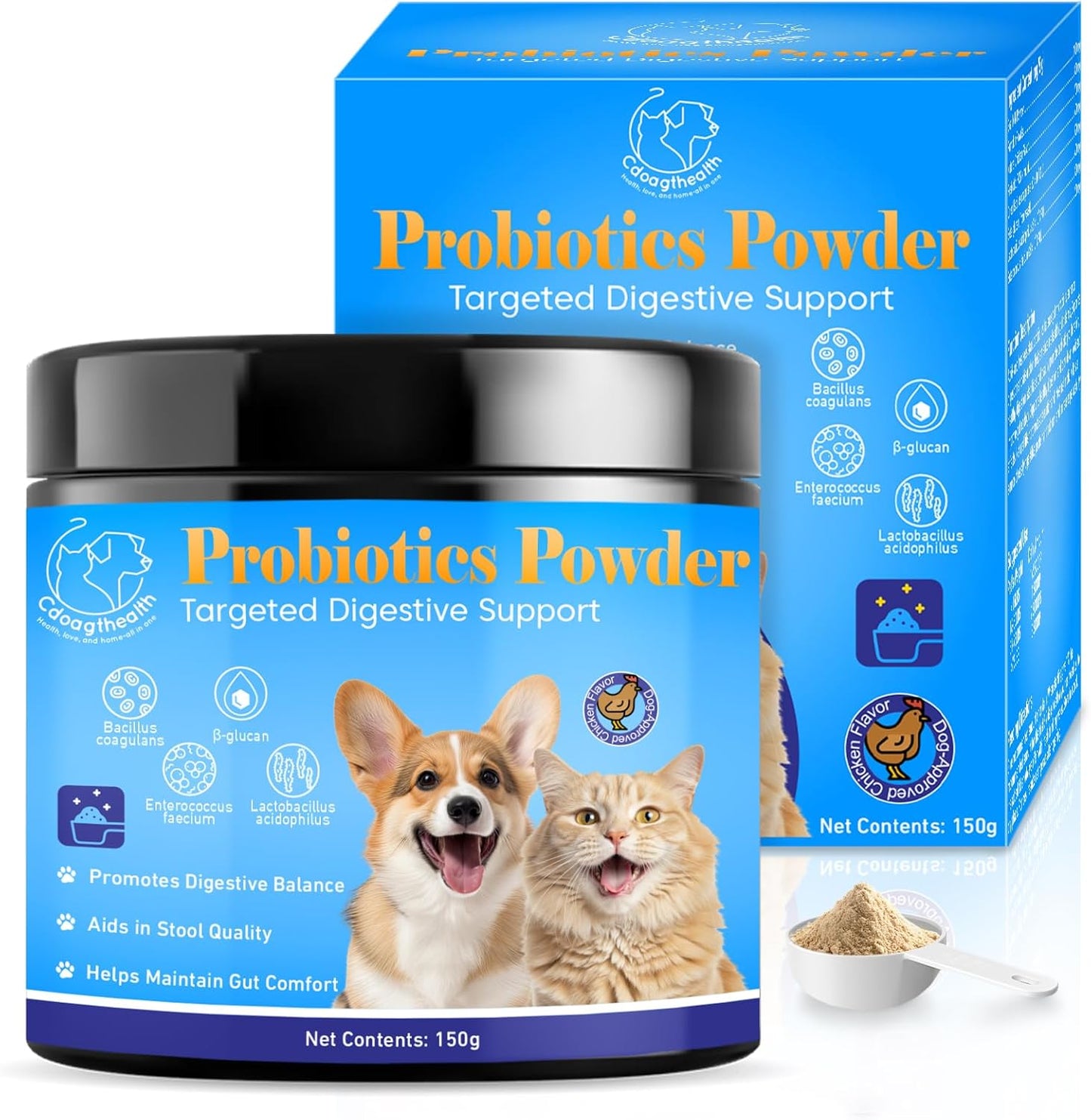 Probiotic Powder for Dogs and Cats - 5-in-1 Formula Supports Gut Health, Digestion and Immune System - with Digestive Enzymes and Pumpkin - Natural Chicken Flavor, 150g