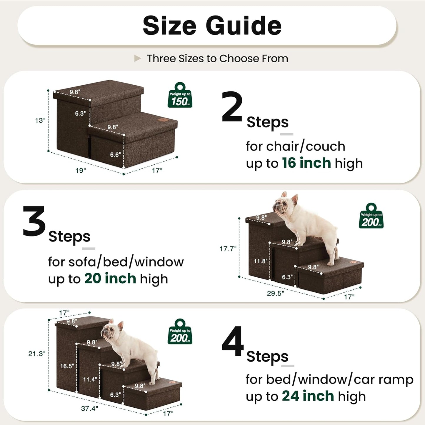Love's cabin Dog Stairs for Small Medium or Large Dogs with Storage and Adjustable Steps, Foldable Dog Steps for Bed or Couch, 4-Step Coffee Folding Cat Pet Ramp with Zip up to 200 lbs, Coffee