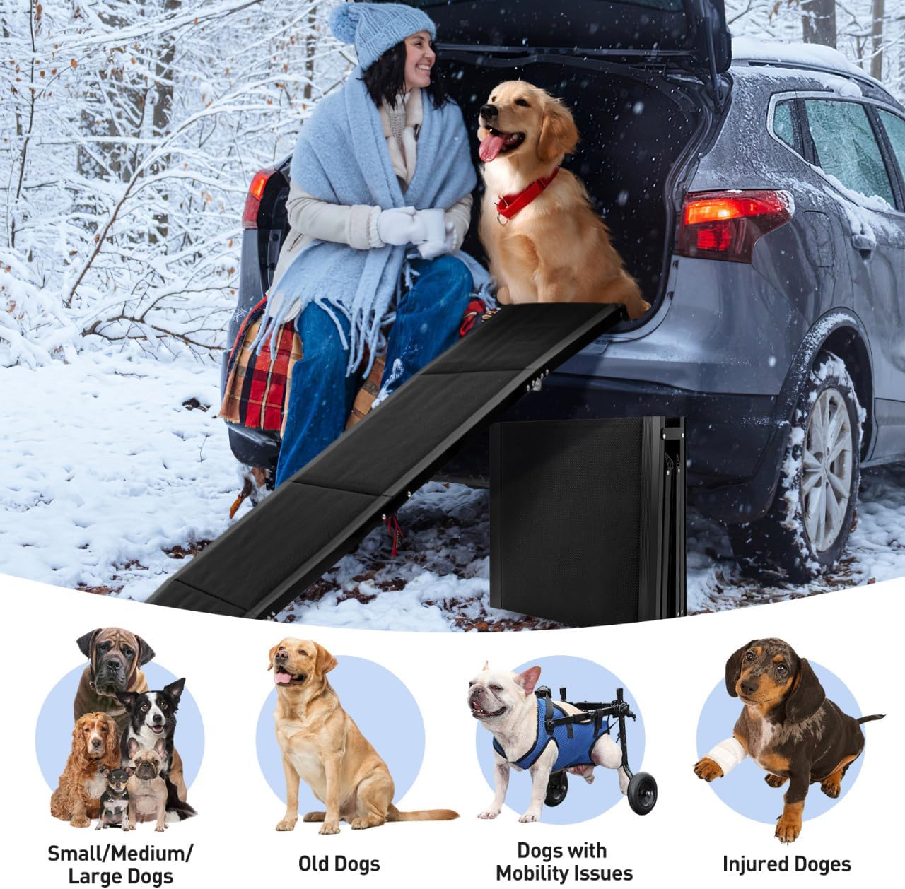 71''x 20'' Dog Ramp for Car, Foliding Dog Ramp with Non-Slip Rug Surface, Extra Wide Long Pet Stairs Supports Up to 300 LBS, Slow Slope Dogs Stairs for SUV, Truck, Large & Senior Pets