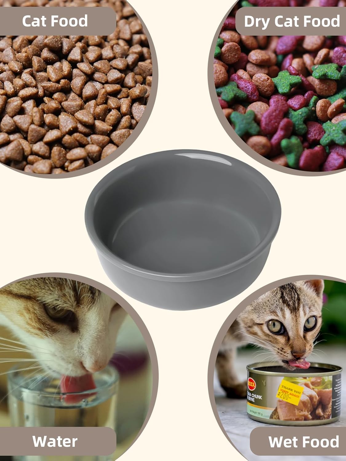 GDCZ Elevated Cat Bowl Stand, 11 in Metal Stand with 2 Removable 15 OZ Ceramic Bowls for Pet Food and Water, Stand Reduces Cat Neck Burden, Grey