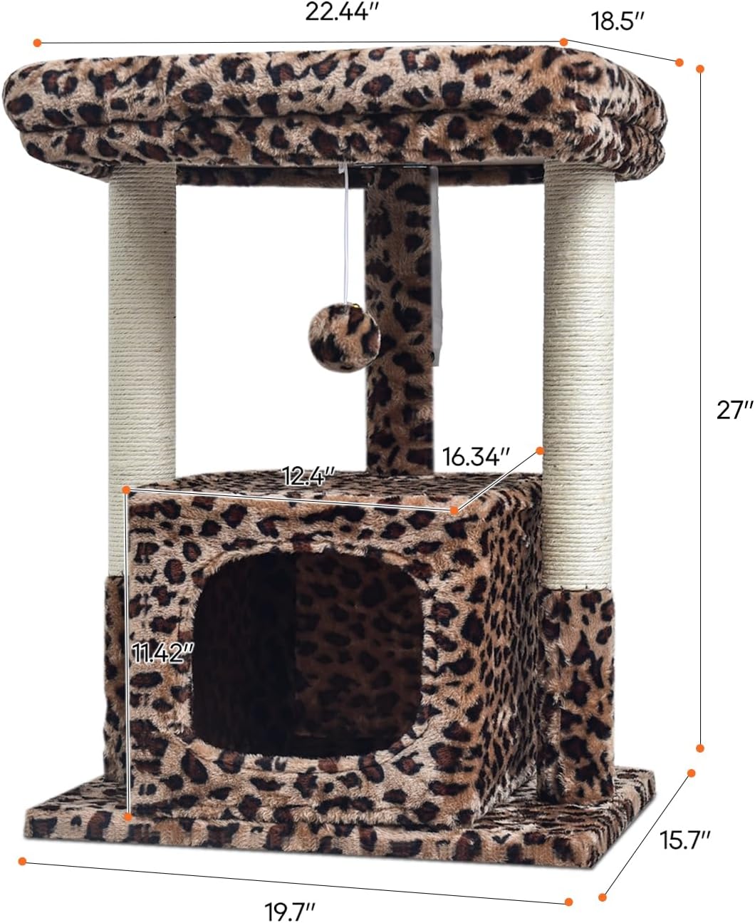 SYANDLVY 27" Cat Tree for Indoor Cats, Activity Tower with Scratching Posts, Modern Kitten Condo with Plush Perch & Hanging Ball for Play, Leopard Print
