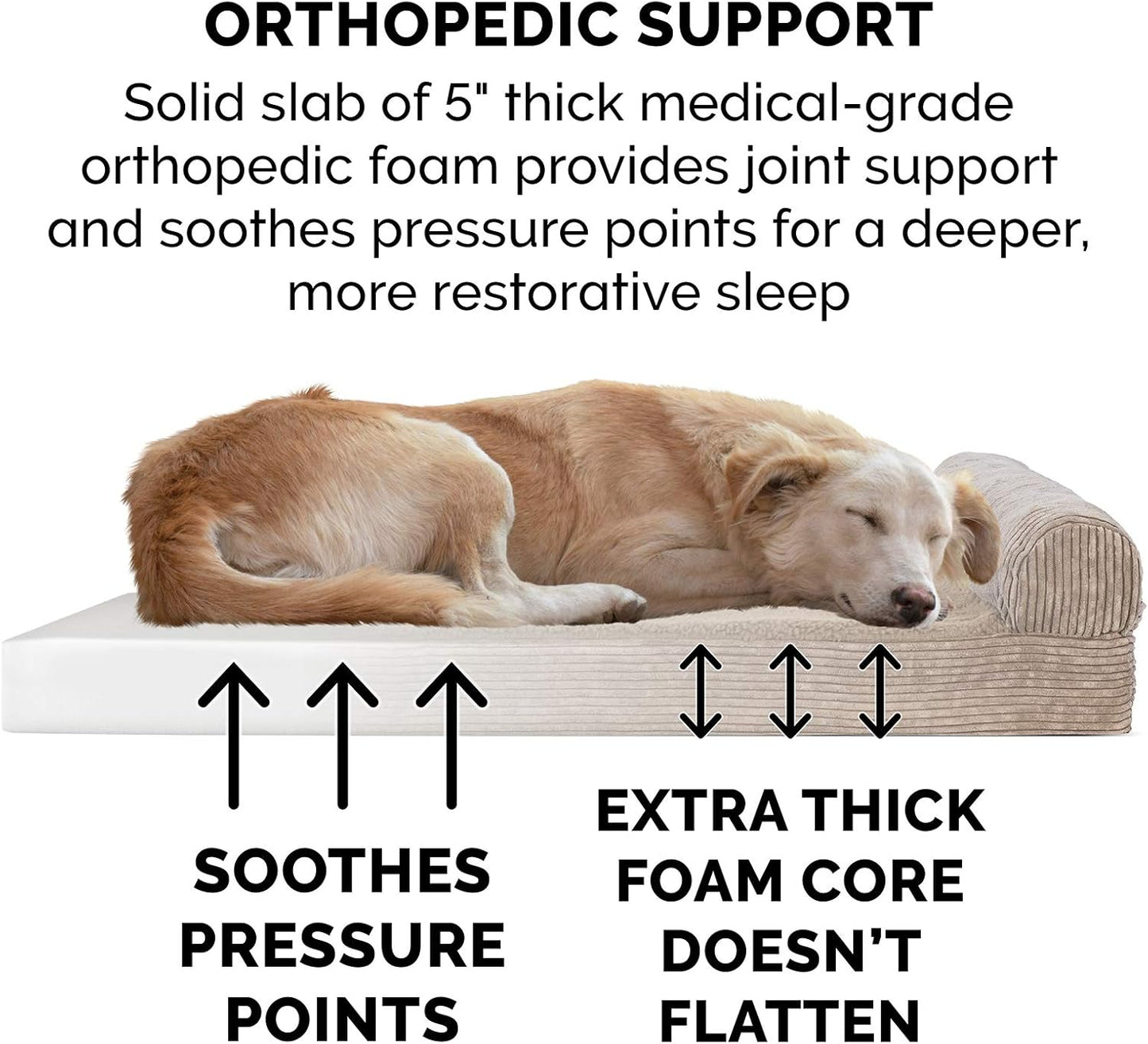Furhaven Orthopedic Dog Bed for Large Dogs w/ Removable Bolster & Washable Cover, For Dogs Up to 125 lbs - Fleece & Corduroy Bolster Chaise - Sandstone, Jumbo Plus/XXL