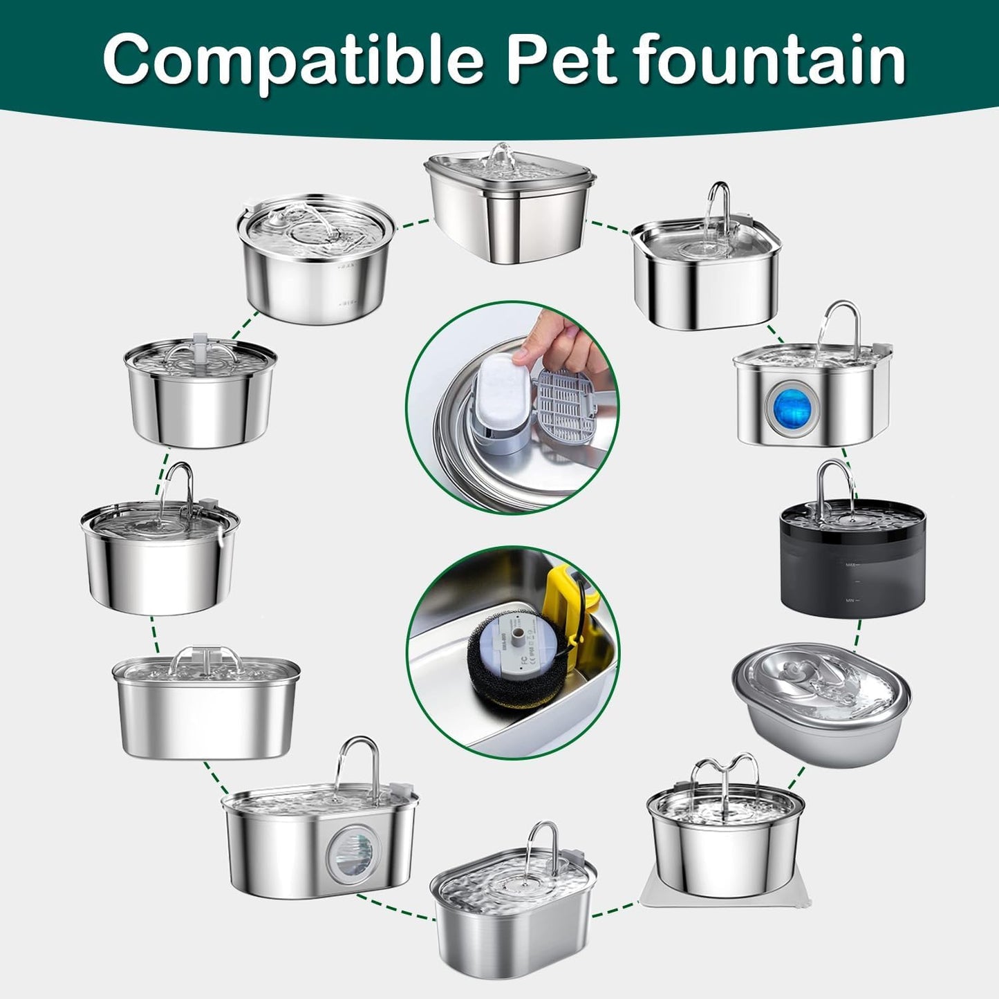 Cat Water Fountain Filters,16 Pack Cat Fountain Replacement Filters for Stainless Steel 67oz/2L Adjustable Water Flow Pet Water Fountain,Dog Water Fountain (16+16Pack)
