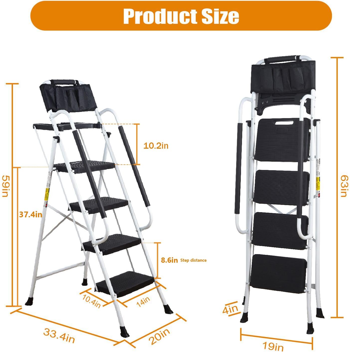 LEADALLWAY 4 Step Ladder with Handrails (Include Tool Tray+Bag) 330lbs Capacity