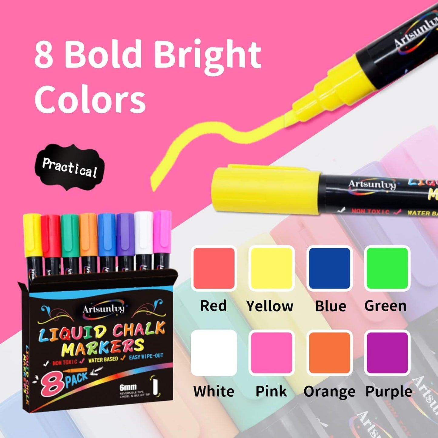 8 Colors Chalk Markers, Chalk Pens, Erase Marker, Non-Toxic, Water-Based, Reversible Tips, Chalkboard Markers for Adult, Car Windows, Glass