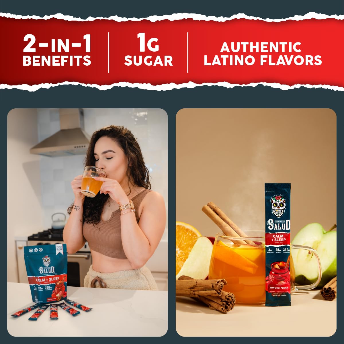 Salud 2-in-1 Sleep Aid + Calm Drink Mix, Punch Ponche Flavor, Melatonin, Magnesium, Saffron Extract, L-Theanine, Non-GMO, Gluten Free, Vegan, Low Calorie, 1g of Sugar (15 Servings)