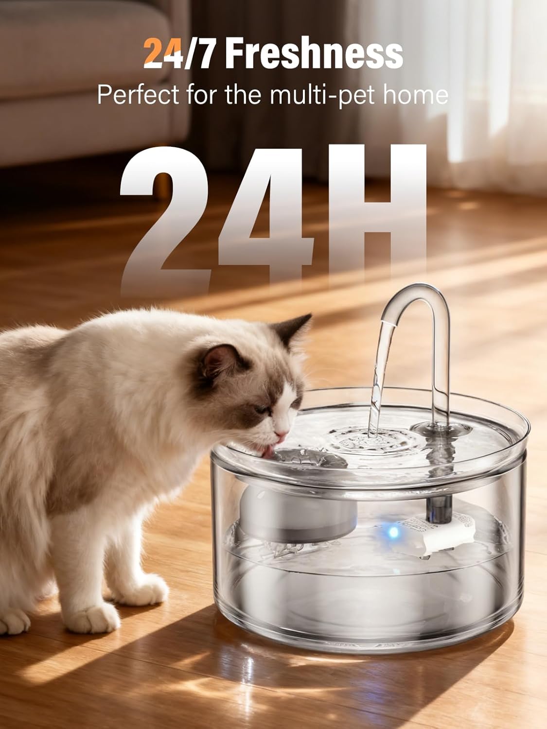 Cat Water Fountain, 74oz/2.2L Glass Automatic Water Fountain with Ultra-Quiet Auto Shut-Off Pump, Easy to Clean Pet Water Dispenser for Cats, Kittens Indoor (with 8 Filters)