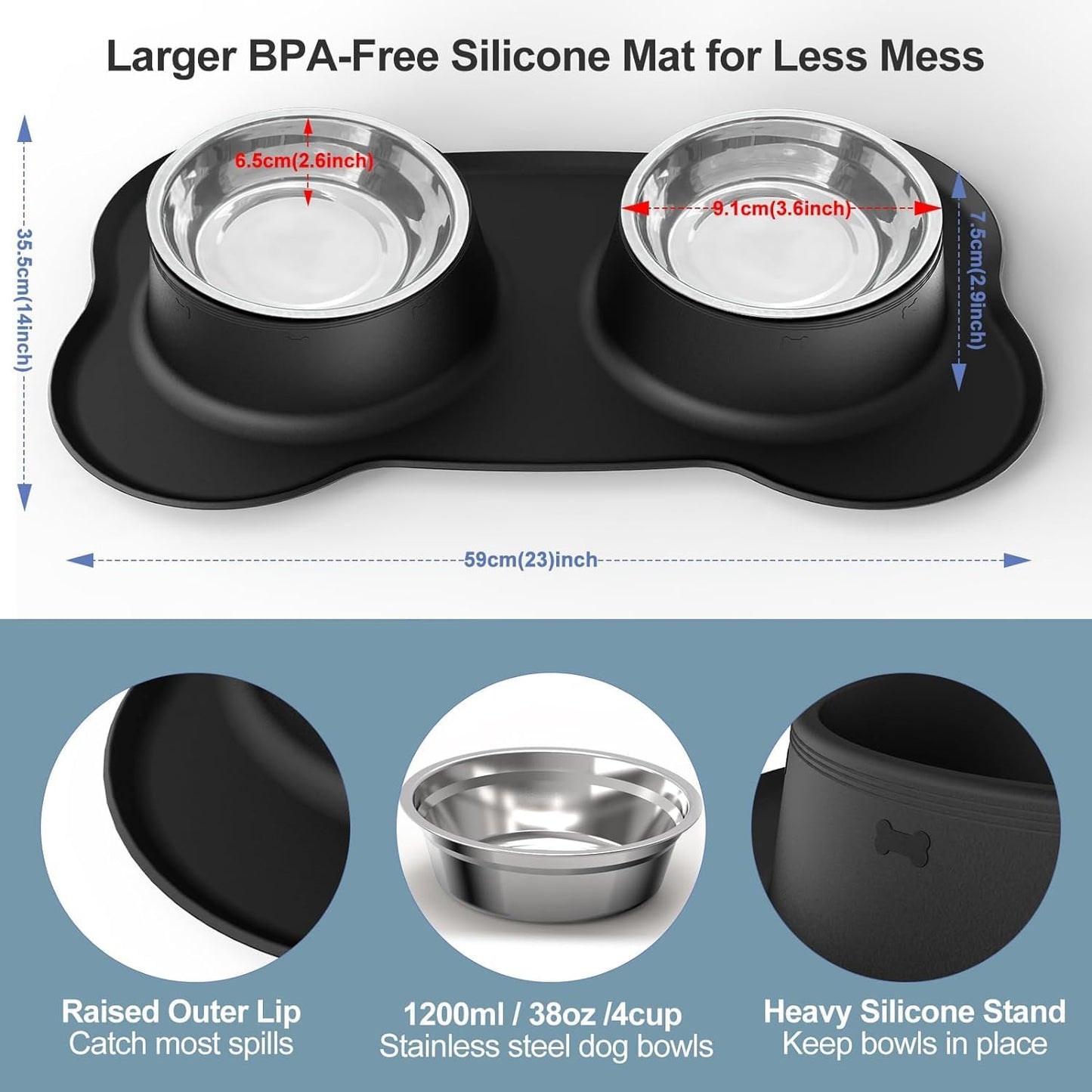 Pet Deluxe Dog Bowls Stainless Steel Dog Food Water Bowl Set with Stand, Feeding Bowls No Spill Non-Skid Silicone Mat, Dog Dishes for Small Medium Large Size Dog Puppy Pet Food Bowls, Black, 4 Cup
