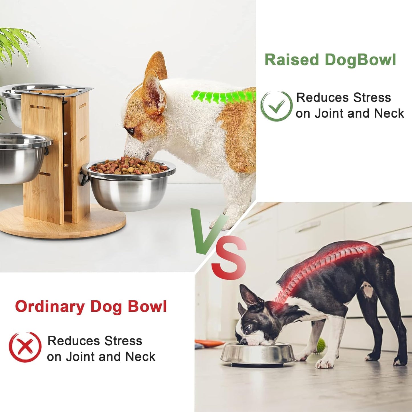Elevated Dog Bowls, Natural Bamboo Raised Dog Bowl Stand for Medium to Large Sized Dogs 3 Adjustable Height Stand with 3 Thick 48oz Stainless Steel Bowls Non-Slip Base Pet Food Feeder