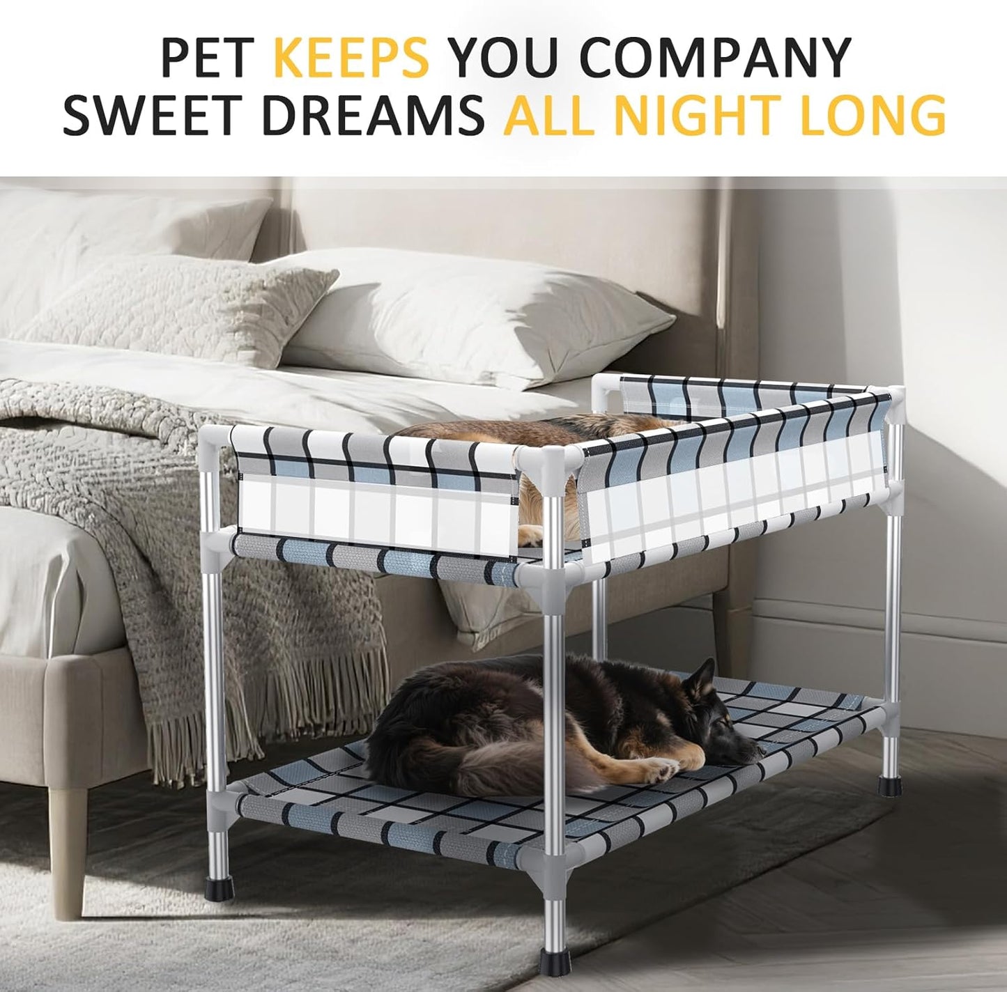 Bedside Window Dog Bunk Bed - Double Elevated Human Dog Bed with Guardrail 2 Layers Window Perch Dogs Cot 2-Tier Bedside Sleeper for Multi-Pet Households (34'' x 20'' x 25'')