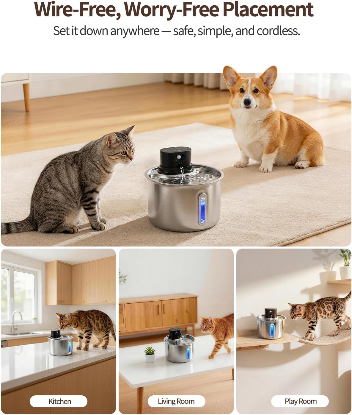Wireless Cat Water Fountain Cordless Stainless Steel Cat Fountain Battery Operated 74oz/2.2L Rechargeable Automatic Pet Water Fountain for Cats Indoor