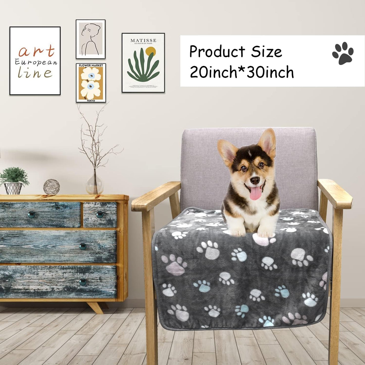 Rezutan Upgraded Dog Blankets for Medium Dogs, 3 Pack Dog Cat Blanket Washable, Soft Pet Throw Cover Suitable for Kennel Crate Bed, Cute Paw Pattern, 30"x20" Grey/Brown/White