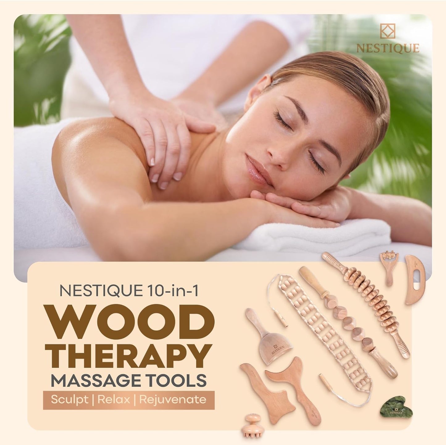 NESTIQUE 10 in 1 Wood Therapy Massage Tools for Body Shaping - Lymphatic Drainage Tools with Gua Sha Stone for Muscle Pain Relief – Maderoterapia Kit Professional for Body Sculpting