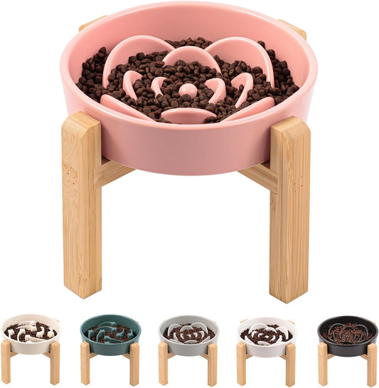 Pink Ceramic Slow Feeder Dog Bowl for Small and Medium Breed,Elevated/Raised 6.1 in Slow Feeding Bowl,Puzzle Dog Food Bowl for Fast Eater,Maze Dish for Fast Eater