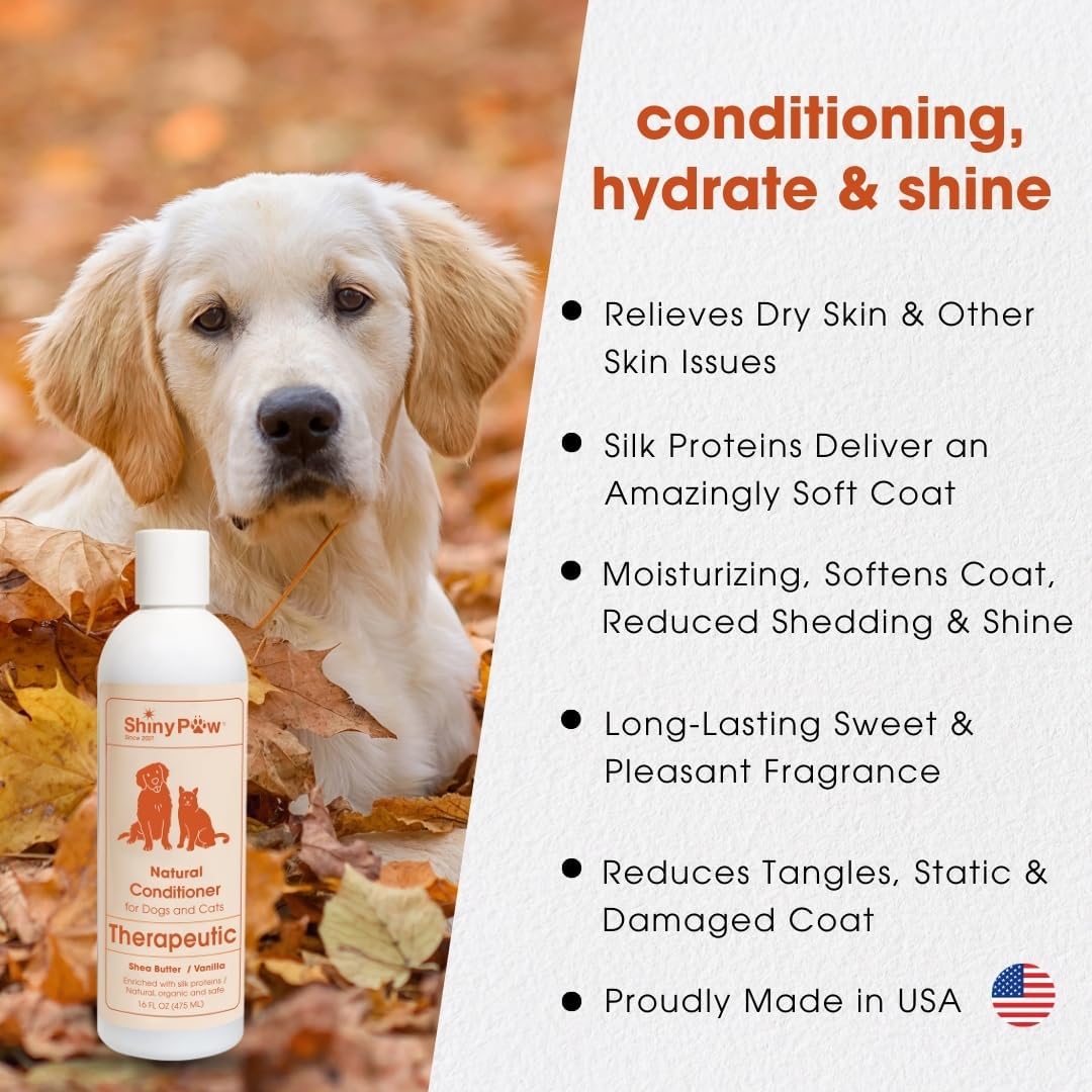 Dog Conditioner for Allergies and Itching | Shiny Paw Shea Butter & Vanilla Conditioner for Dogs & Cats | Dog Matted Hair Detangler | Made in The USA | 16 oz
