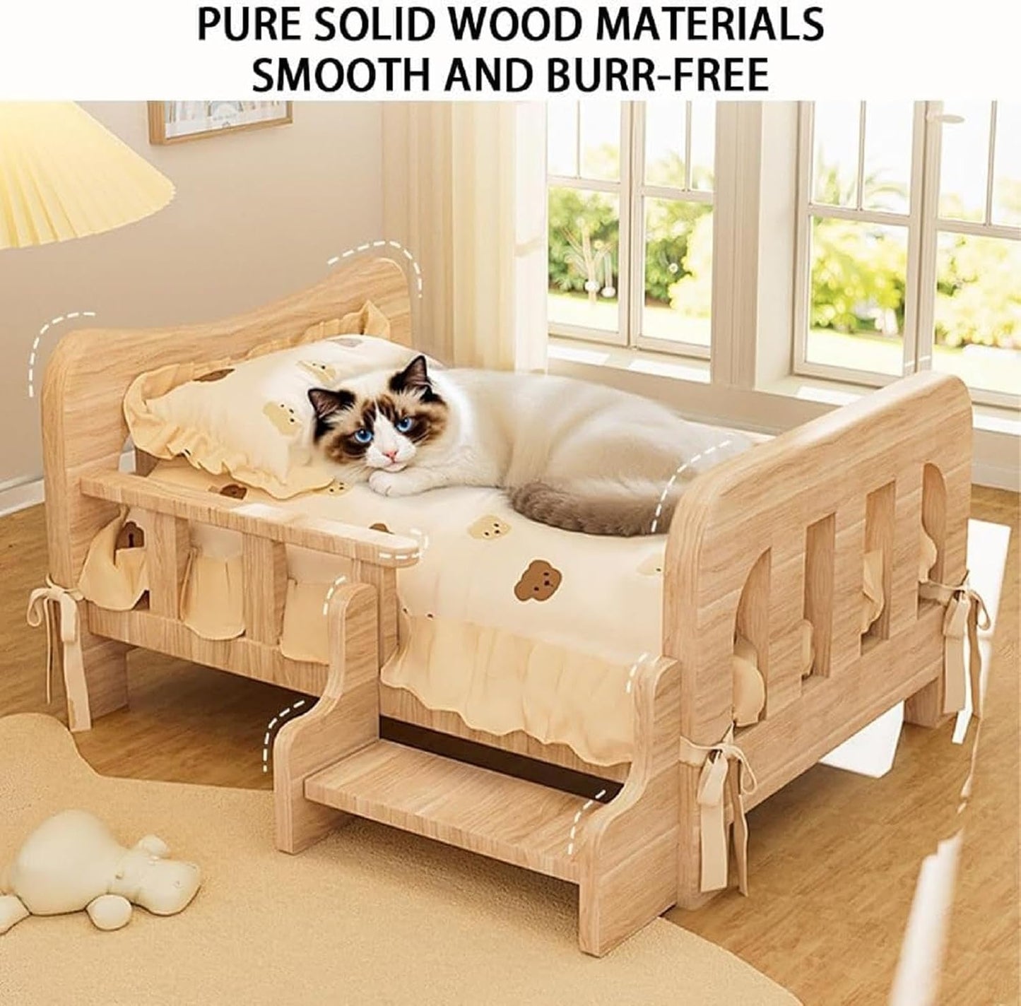 Wood Dog Bed, Floor Standing Pet Furniture with Winter Bedding and Stairs,Low Profile Wooden Bed with Guardrails and Step Stool Space-Saving Design for Small Areas, 31.9 X 21.3 X 11.8IN