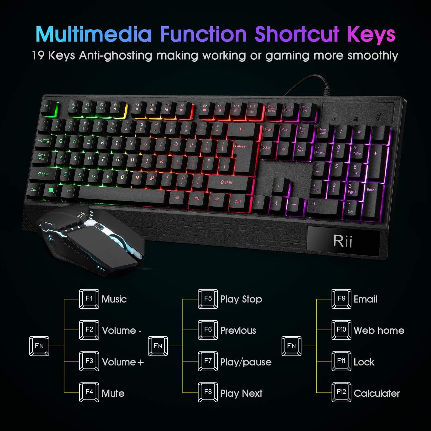 Rii Gaming Keyboard and Mouse Combo,USB Wired,104 Keys RGB LED Backlit Keyboard with Wrist Rest for PC/Laptop (Black)