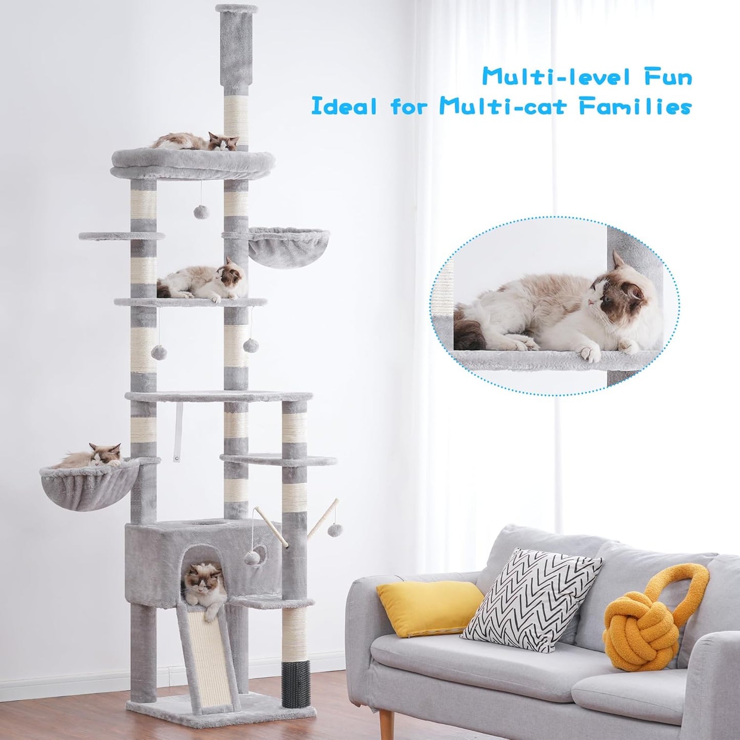 Hey-brother Cat Tree, 98.4-110.2 Inches Floor to Ceiling Cat Tree-Adjustable Height, Tall Cat Climbing Tower for Cats Large Adult with Scratching Post, Cat cando, Light Gray 0MPJ091W