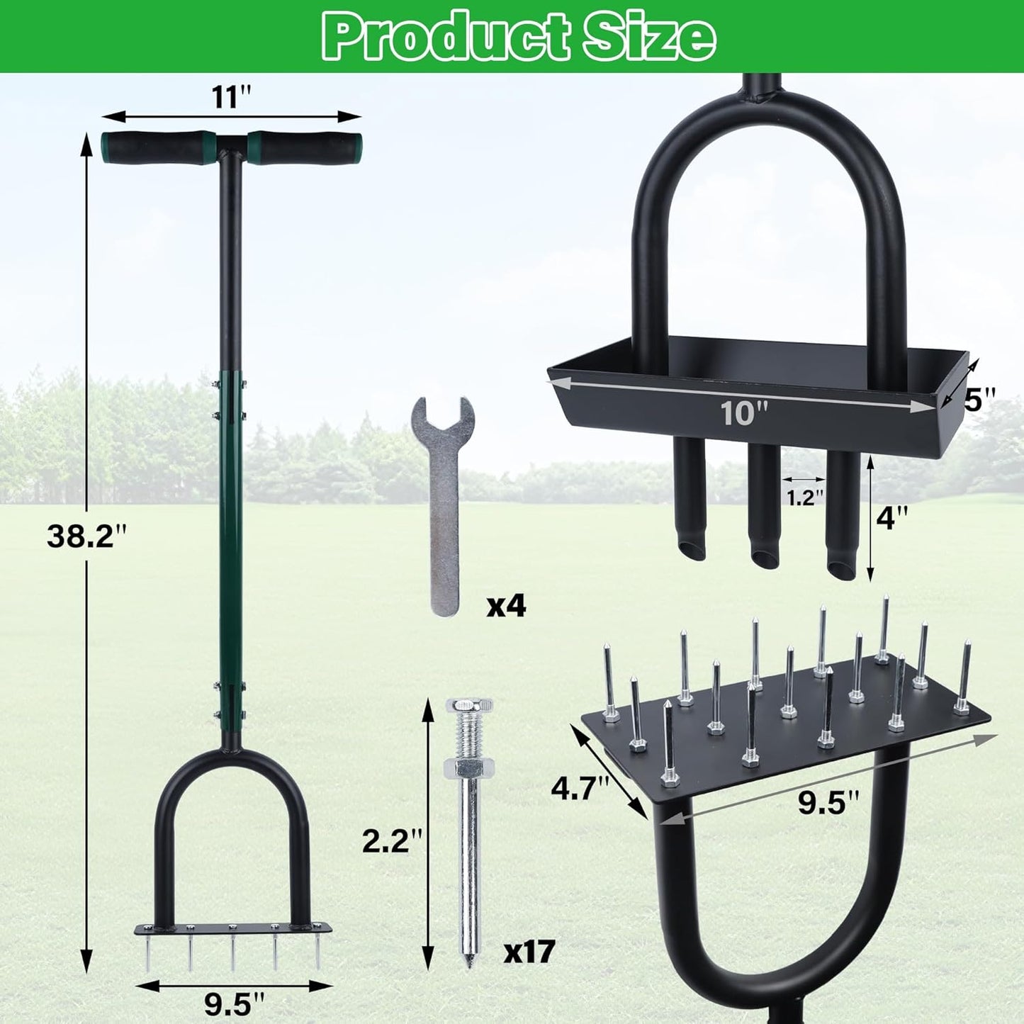 yofit 3-in-1 Manual Lawn Aerator Tool - Core & Spike Aerator with Changeable Heads (15 & 5 Spikes, Coring Head), Yard Aerators Tools with for Lawn Care, Grass Plug, Garden Soil (38.2 Inch)