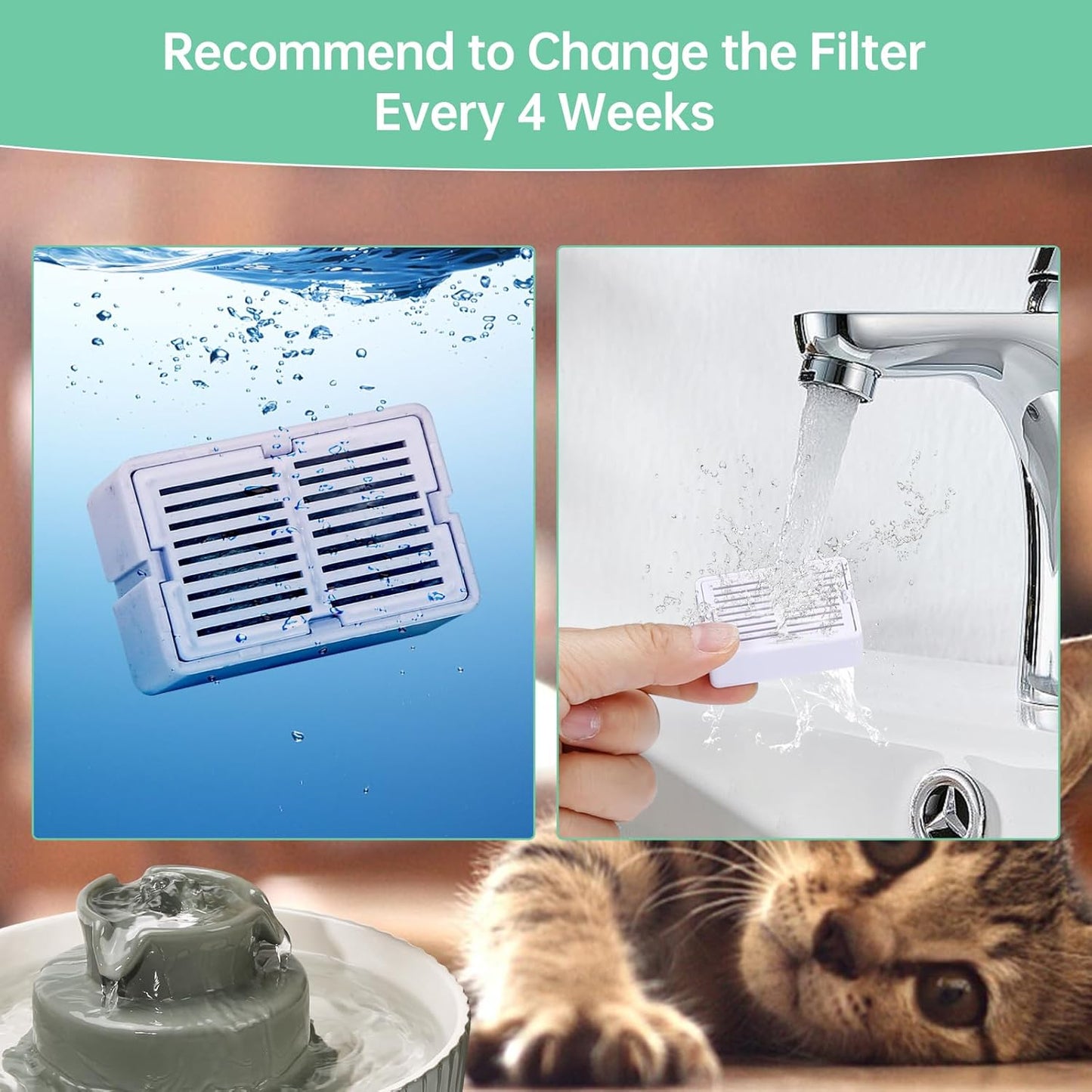 8 Packs Cat Water Fountain Filter for 2.1L/71oz Ceramic Cat Water Dispenser, 8 Carbon Filters & 2 Foam Filters for Porcelain Pet Water Fountain, Multi-Filtration System Activated Carbon Filter