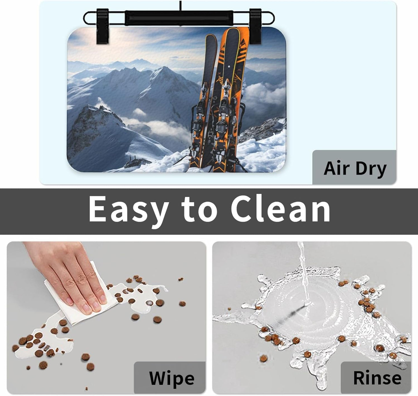 Pet Feeding Mat Leather Dog Food Mat Waterproof Pet Tablecloth Skis on Mountain Pet Placemat for Dogs Absorbent Dog Bowl Mat Anti-Slip Dogs Mats for Food and Water