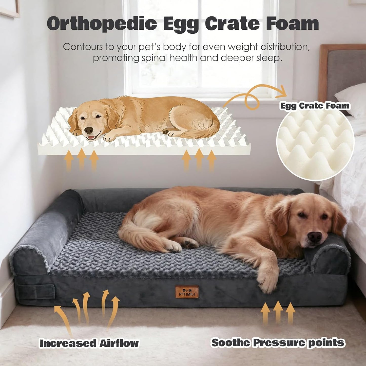 2 Pcs 54 inch Large Dog Bed Orthopedic Dog Bed for Medium Large Dogs Washable Rose Velvet Cover Waterproof Lining Composable Human Dog Bed (Dark Grey)
