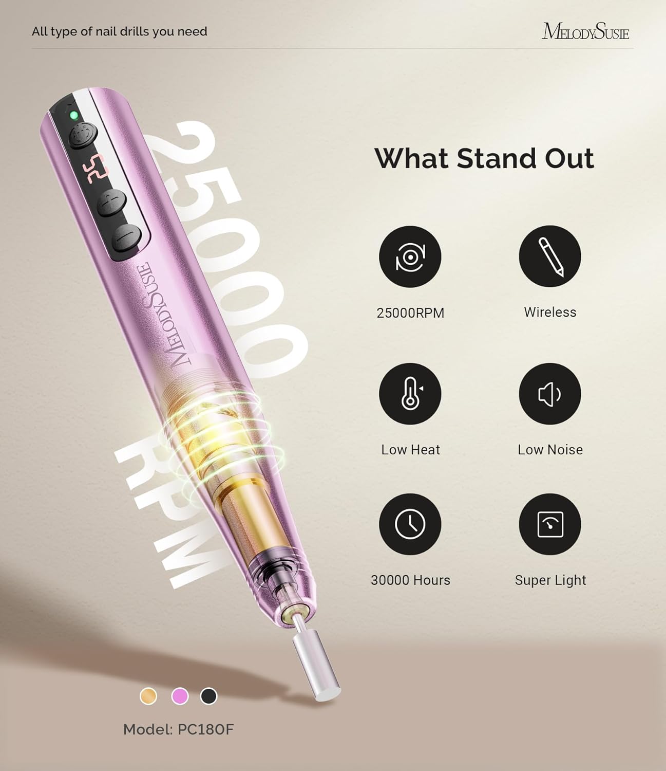 MelodySusie Pen-Shaped Portable Cordless Nail Drill, PC180F 25000RPM Rechargeable Electric File with LED Display for All Nail Care, Manicure Shaping & Acrylic Gel Removal for Nail Artists DIY at Home