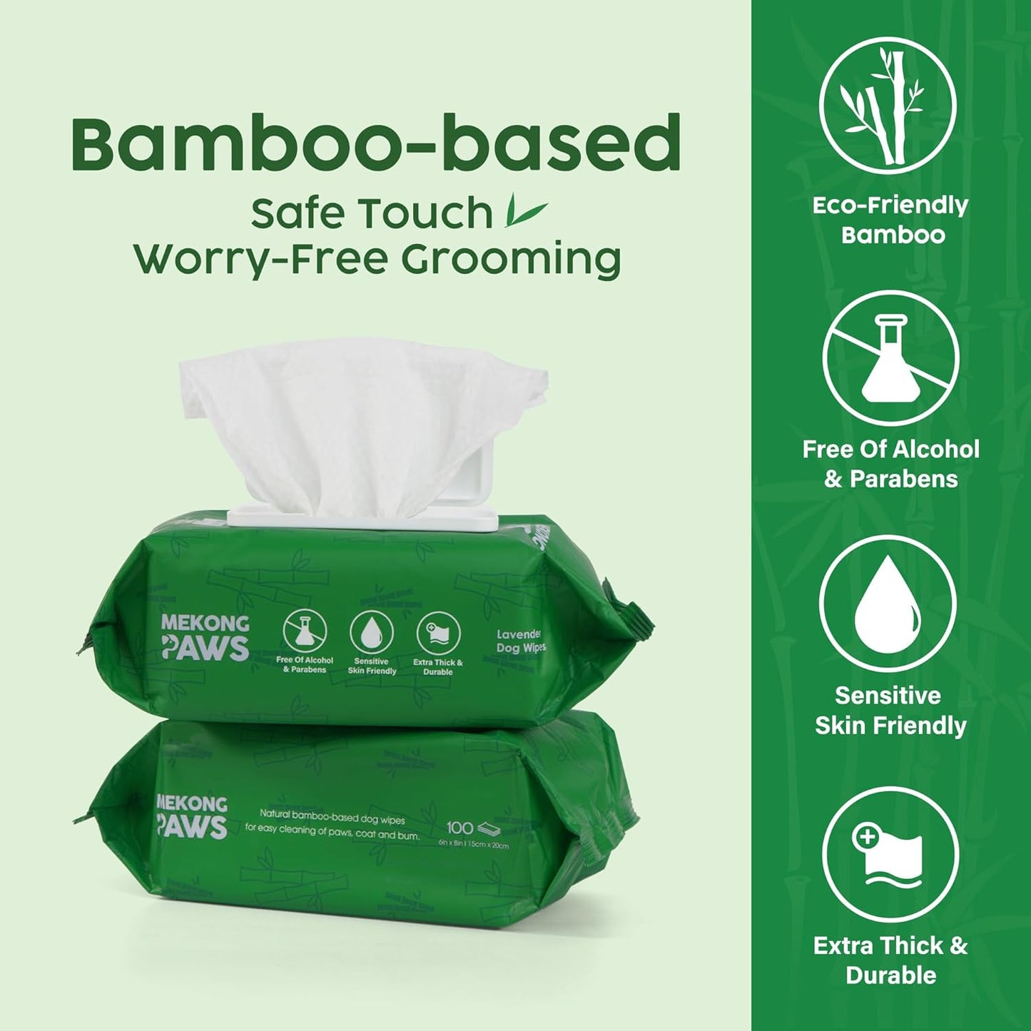 Bamboo Grooming Wipes - Calming Lavender Scented - Freshening Dog Cat Wipe - Gentle on Sensitive Skin - Thick & Durable for Paws, Coat & Bum - 100 Count