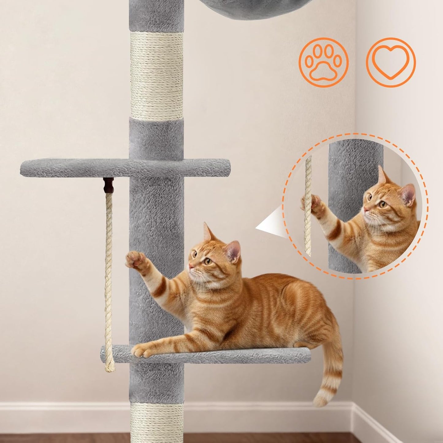 Cat Tree 5-Tier Floor to Ceiling Cat Tree 89-109 Inch, Adjustable Height Cat Tower, Cozy Hammock and Sisal Scratch Post, Provides Vertical Enrichment for Jumping Climbing, Grey