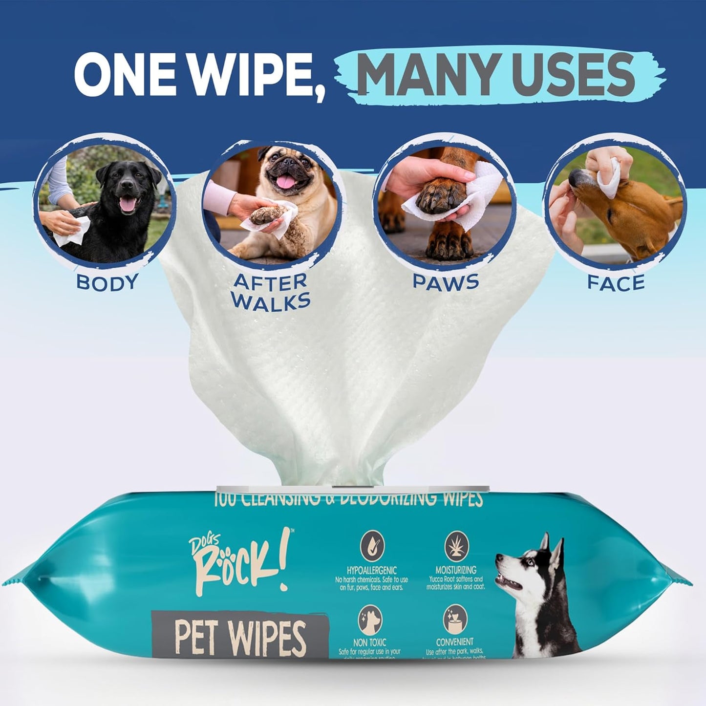 Dogs Rock! Pet Wipes for Dogs – 100 Count Hypoallergenic Dog Wipes for Paws, Face, Ears & Body – Unscented, Alcohol-Free, Thick & Gentle with Aloe