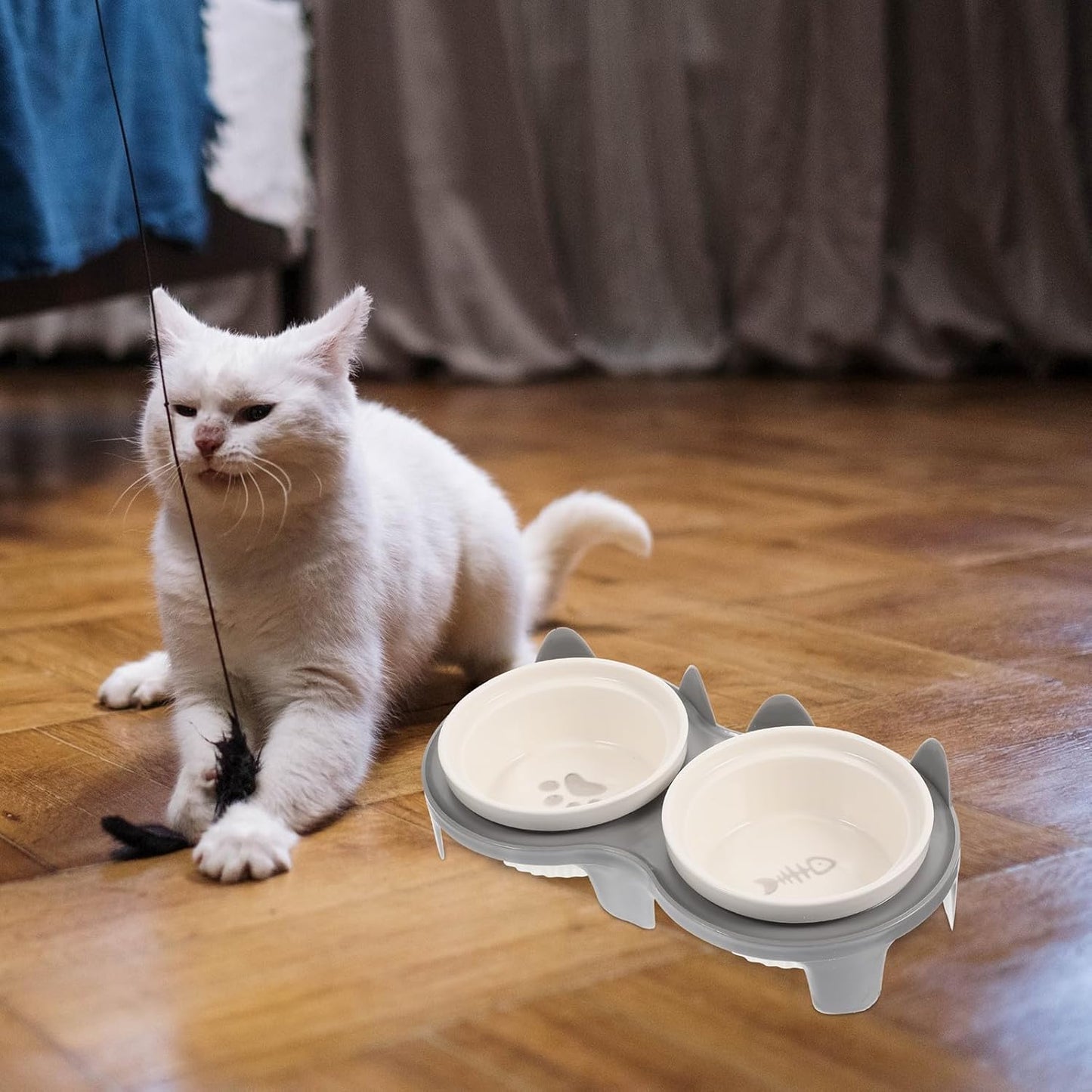 Milisten Ceramic Cat Bowl Double Bowls Elevated Feeding Station Gray Thickened Non-Slip Pet Food and Water Dish with Sturdy Stand for Cats