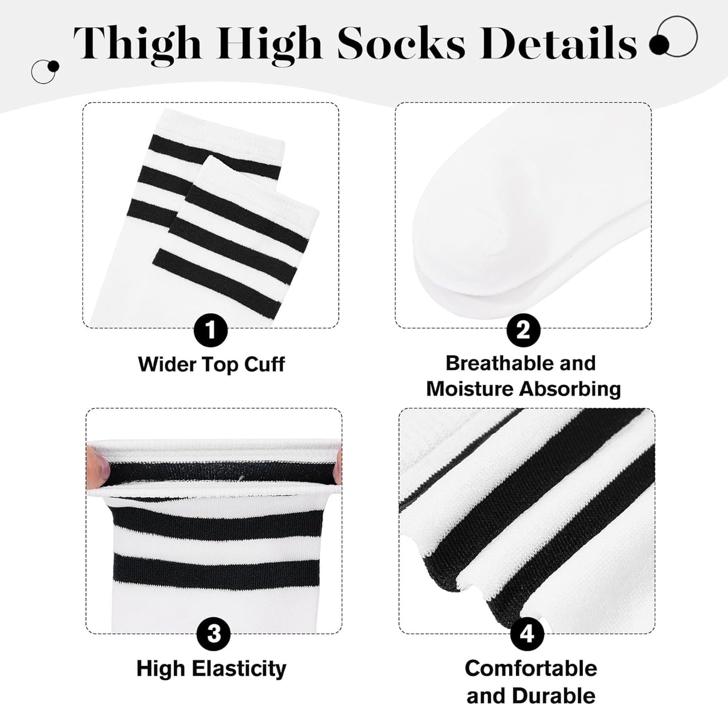 Zando Women's 6-Pack Cotton Thigh High Over Knee Socks - Striped Boot Socks & Leg Warmers for Daily, Sports, Cosplay